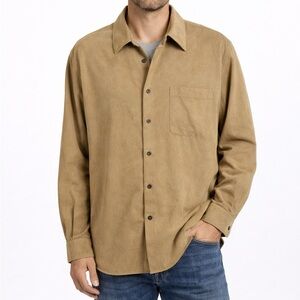 Men's Tan Faux Suede Casual Button Down Shirt